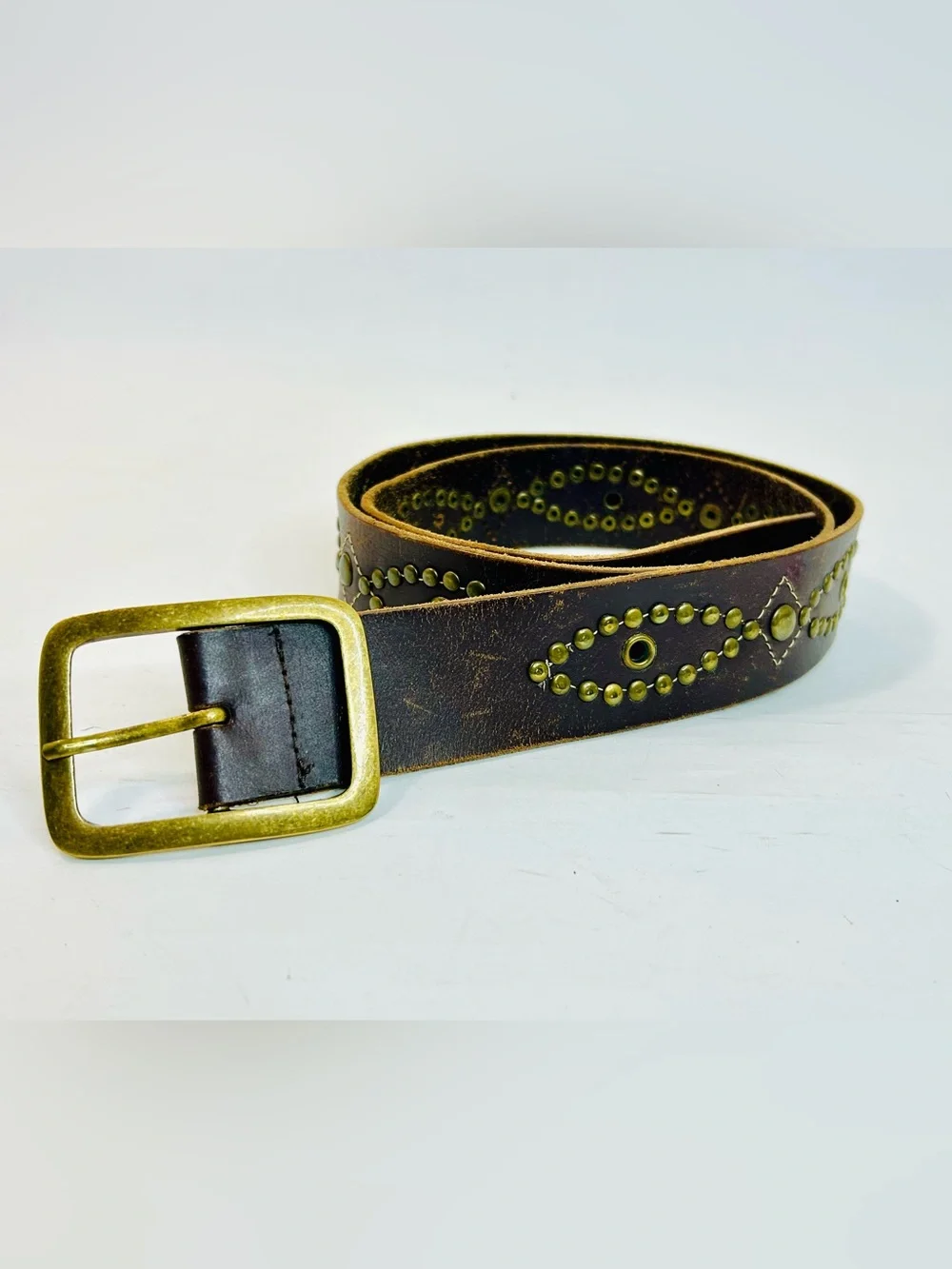 Western Brass Studded Belt, Brown Faux Leather with Studded Design